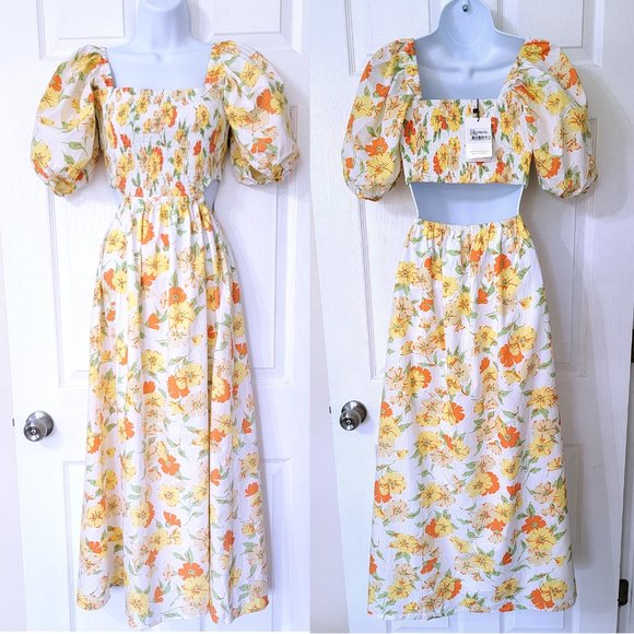 Faithfull The Brand Loucetta Cutout Midi Dress-Puff Sleeves Palermo Floral Print - Picture 6 of 6